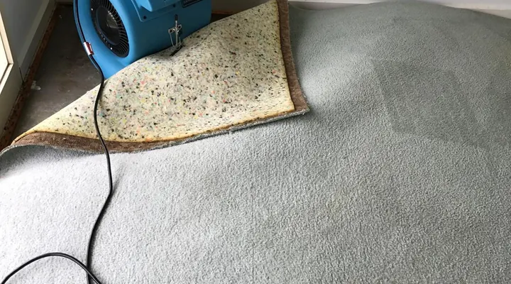 Real water damage drying equipment on carpet from a PCC job
